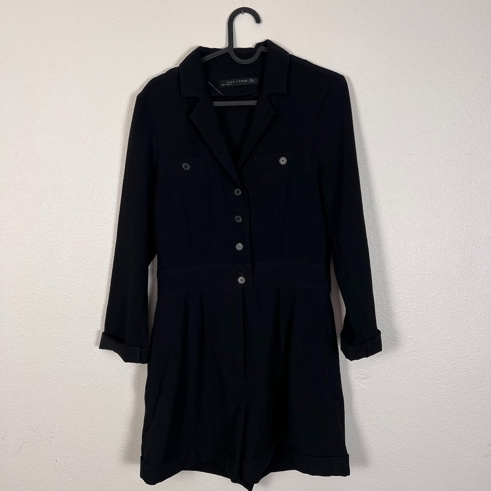 Zara Woman Black Notched Collar Button Front Romper Cuffed Hem Long Sleeve Sz S